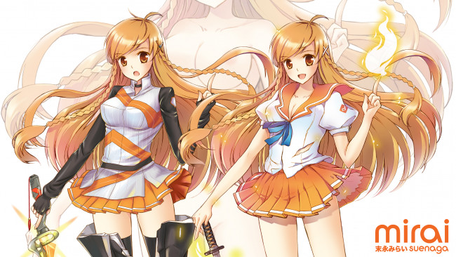Обои картинки фото аниме, mirai, millenium, девушка, suenaga, меч, заколки, рыжая