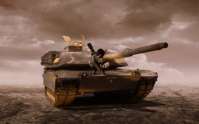 Обои картинки фото abrams, техника, военная, девушка, танк, пустыня