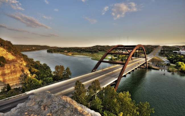 Обои картинки фото города, мосты, pennybacker, bridge, loop360, city, город, austin, texas, usa