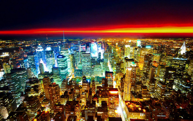 Обои картинки фото рассвет, над, городом, города, нью, йорк, сша, горизонт, город