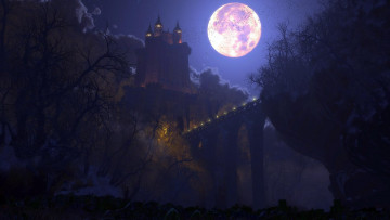 обоя фэнтези, замки, мост, полнолуние, тучи, луна, ночь, замок, парк, деревья, огни