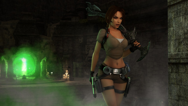 Обои картинки фото видео игры, tomb raider,  legend, меч, девушка, подземелье, взгляд, фон