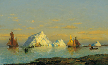 Картинка рисованное живопись корабль лодка картина парус морской пейзаж рыбаки на побережье лабрадора айсберг уильям брэдфорд