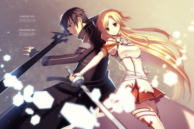 Обои картинки фото аниме, sword art online, двое, kirito, asuna