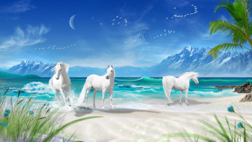 Картинка векторная+графика животные+ animals лошади горы