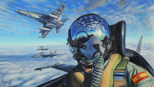 Обои картинки фото авиация, 3д, рисованые, v-graphic, военная, пилот, кабина, истребитель