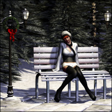 Картинка 3д графика people люди скамейка снег зима вечер фонари девушка