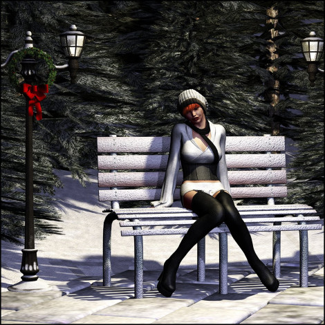 Обои картинки фото 3д, графика, people, люди, скамейка, снег, зима, вечер, фонари, девушка