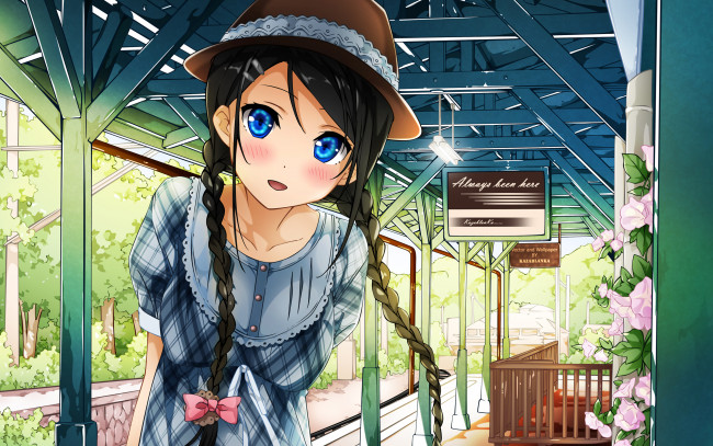 Обои картинки фото аниме, kantoku, artbook, девочка, шляпка, перрон, косички