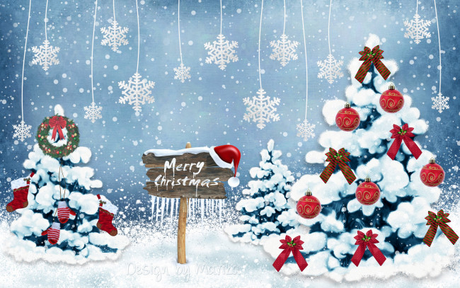Обои картинки фото праздничные, векторная графика , новый год, christmas, merry, design, by, marika, новый, год, рождество, winter, decoration, snow, forest, tree