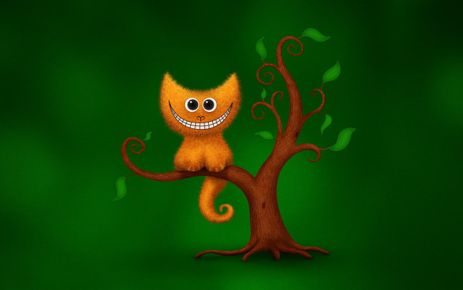 Обои картинки фото рисованное, vladstudio, зеленый, чеширский, кот, юмор, улыбка, дерево