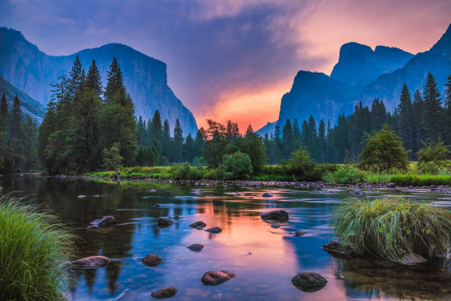 Обои картинки фото природа, реки, озера, калифорния, закат, пейзаж, йосемити, горы