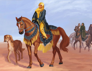 Картинка рисованное люди лошадь всадники собака пустынья
