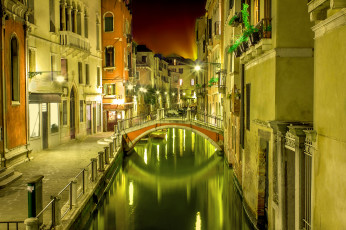 Картинка города венеция+ италия огни мост канал ночь
