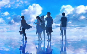 Картинка аниме unknown +другое радость шляпа девушки мороженое отражение парни небо облака вода ведро takeji арт