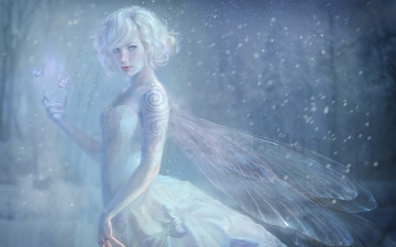 Картинка фэнтези феи зима белое платье декольте татуировка бабочки снег крылышки эльф фея