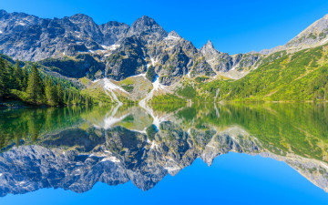 Картинка природа реки озера солнце деревья польша камни скалы горы озеро tatra mountains отражение вода