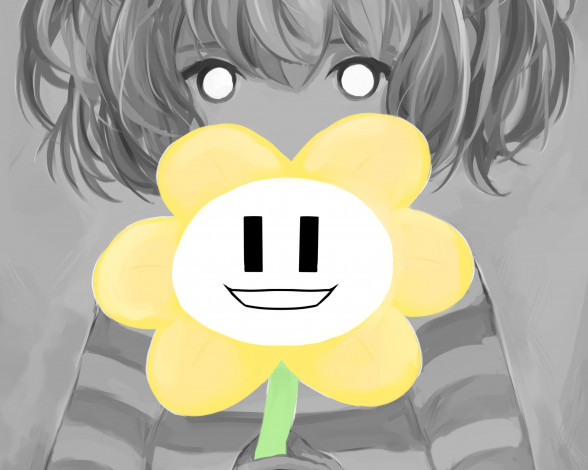 Обои картинки фото аниме, unknown,  другое, flowey, цветок, взгляд, арт, frisk, undertale