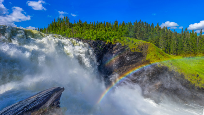 Обои картинки фото природа, водопады, радуга, водопад, река, лес
