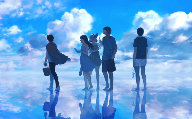 Обои картинки фото аниме, unknown,  другое, радость, шляпа, девушки, мороженое, отражение, парни, небо, облака, вода, ведро, takeji, арт