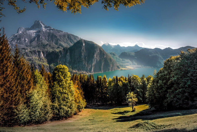 Обои картинки фото природа, горы, красота, осень, деревья, озеро, австрия