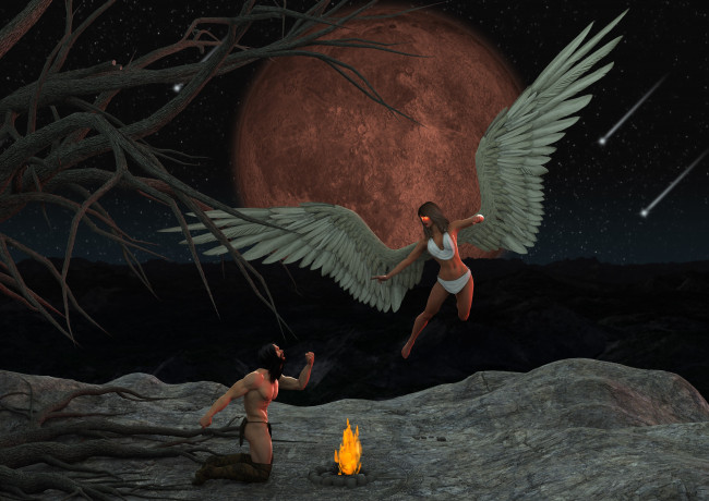 Обои картинки фото 3д графика, фантазия , fantasy, демон, полет, планета, мужчина, огонь