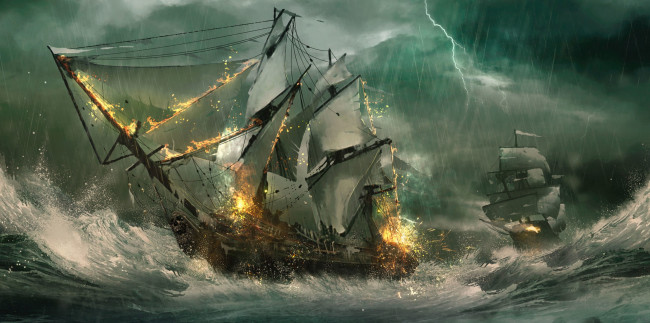 Обои картинки фото корабли, 3d, морской, бой, julian, calle, парусники, волны, море, фрегаты, молния, шторм