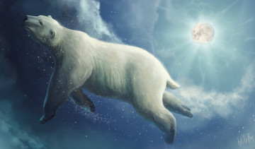 обоя рисованное, животные,  медведи, into, the, bear, polar, deep, sky, белый, медведь, фантастика, art, луна, рисунок, clouds, moon, by