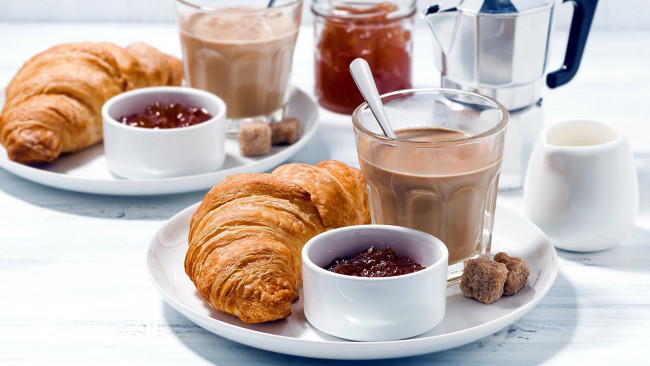 Обои картинки фото еда, разное, завтрак, круассаны, сахар, какао, джем