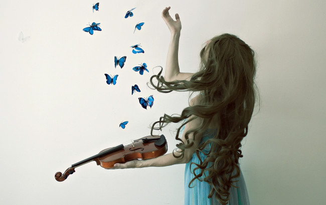 Обои картинки фото музыка, -другое, бабочки, девушка, скрипка