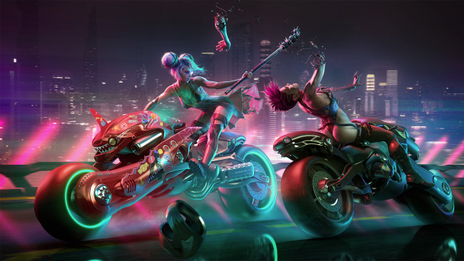 Обои картинки фото 3д графика, фантазия , fantasy, бой, мотоцикл, фон, девушки