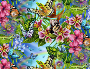обоя рисованное, животные,  бабочки, бабочки, цветы