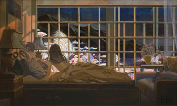Картинка фэнтези девушки девушка постель окно горы рыбы