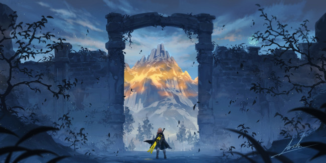 Обои картинки фото видео игры, the legend of zelda, линк, стена, врата, горы