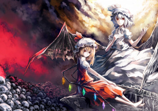 обоя аниме, touhou, черепа, фландрэ, ремилия, девушки, небо