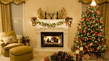 Картинка праздничные новогодний очаг камин елка подарки гирлянды