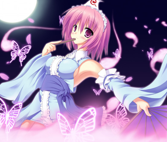 Обои картинки фото аниме, touhou, платье, луна, девушка, бабочки, веер