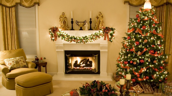 Обои картинки фото праздничные, новогодний, очаг, камин, елка, подарки, гирлянды
