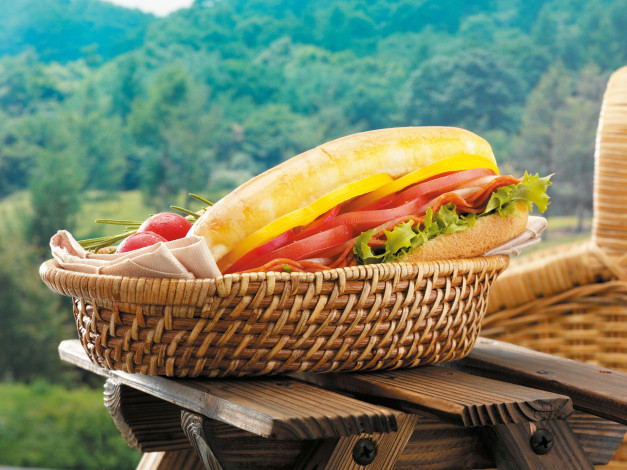 Обои картинки фото еда, бутерброды, гамбургеры, канапе, корзина, томаты, помидоры