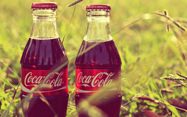 Обои картинки фото две, бутылки, бренды, coca, cola, трава, coca-cola