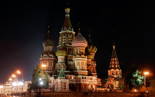 Обои картинки фото храм, василия, блаженного, города, москва, россия, ночь, красная, площадь