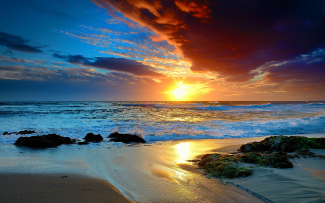 Обои картинки фото природа, восходы, закаты, закат, океан, пляж, волны