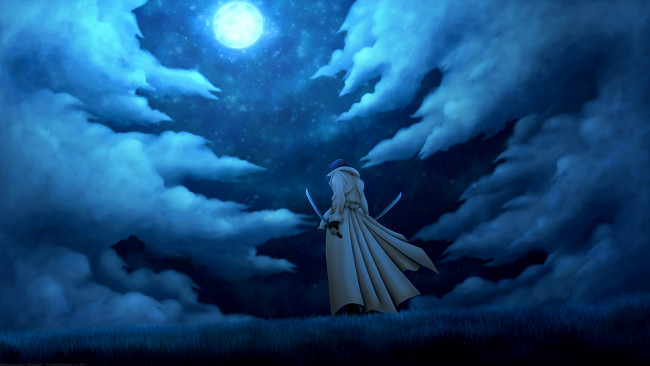 Обои картинки фото rurouni kenshin, аниме, парень, меч, плащ, небо