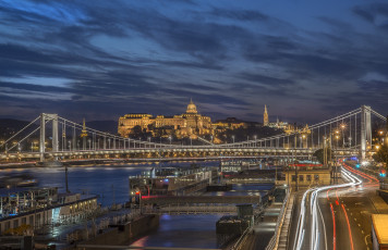 Картинка budapest+by+night города будапешт+ венгрия огни ночь река мост магистраль