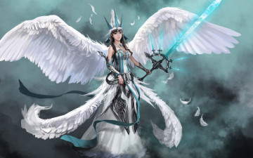 Картинка 3д+графика ангел+ angel девушка ангел крылья перья меч фон взгляд