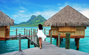 Картинка девушки -unsort+ брюнетки +шатенки море paradise пляж hut tropical pier vacation summer ocean sea пирс хижина тропики пальмы palms beach