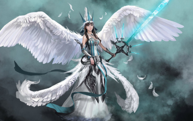 Обои картинки фото 3д графика, ангел , angel, девушка, ангел, крылья, перья, меч, фон, взгляд