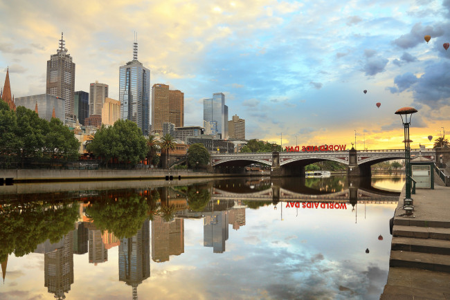 Обои картинки фото melbourne city, города, мельбурн , австралия, река, мост, здания