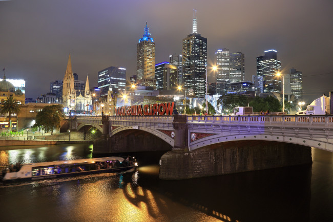 Обои картинки фото melbourne city, города, мельбурн , австралия, здания, река, мост