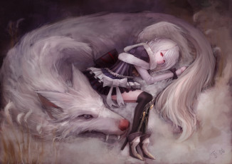 Картинка аниме животные +существа yukineko арт волк девушка